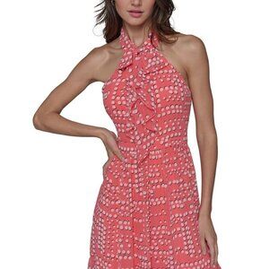 Karl Lagerfeld Paris Womens Bow Neck Halter Midi Dress Sunset Coral Size 12 NWT